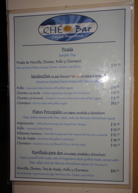 Ché Bar, Aruba, menu as of November 2013.