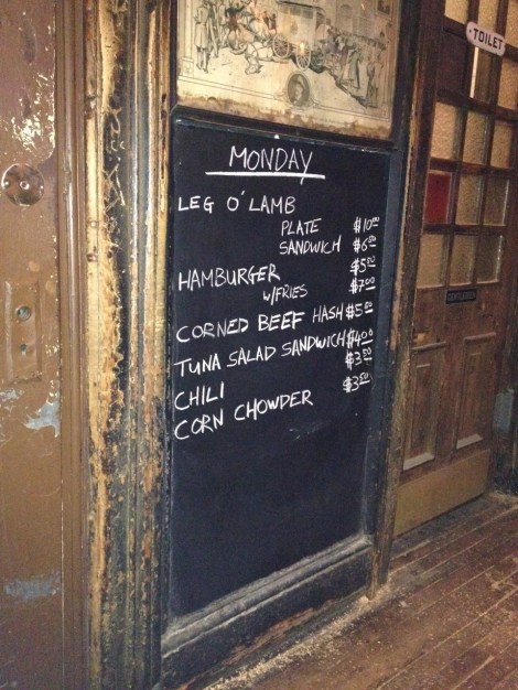 Menu at McSorely's Old Ale House.