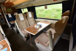 First Class seating aboard East Coast Line train to Edinburgh, Scotland.