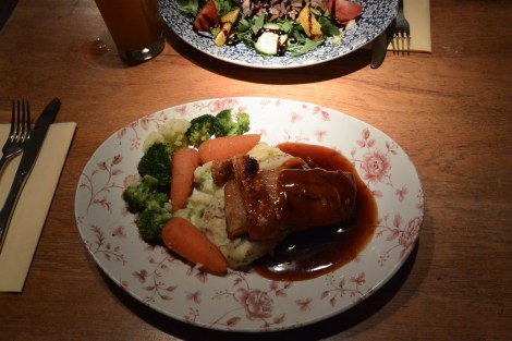 Slow roasted pork belly with whole grain mustard mash at The Duchess of Cambridge, Windsor, England.