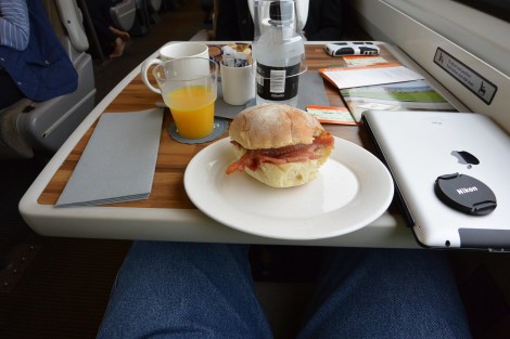 Bacon sandwich served in first class carriage, East Coast Line train.