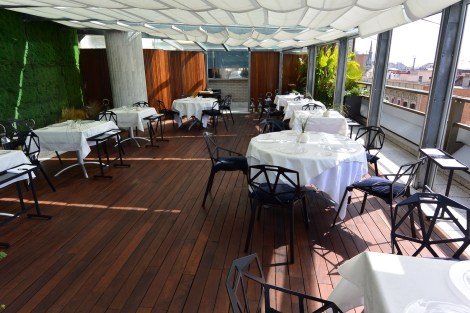 Seating for the rooftop bar at Hotel Pau Claris, Barcelona, Spain.
