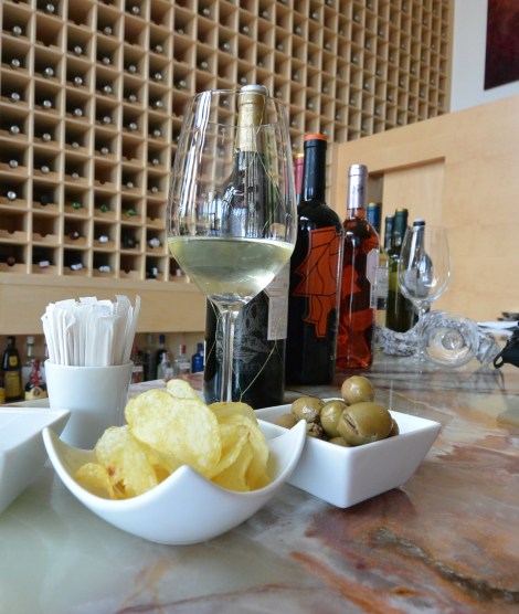 Snacks with wine at Hotel Marques de Riscal, Elciego, Spain.