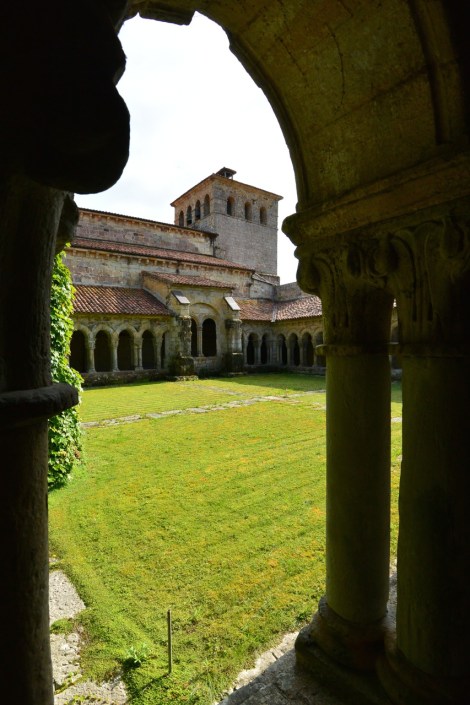 View from inside the cloister at the Collegiate Church of Santillana del Mar, Spain.