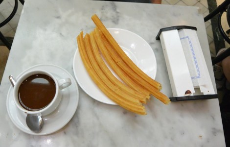 Churros and chocolate at Chocolateria San Gines, Madrid, Spain.