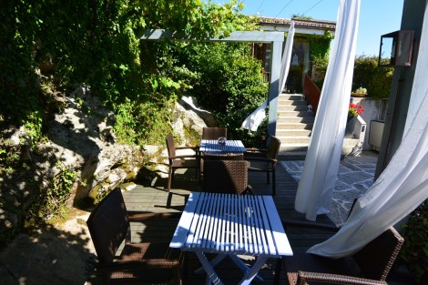 Outdoor seating at Quinta de San Amaro, Meaño, Spain.