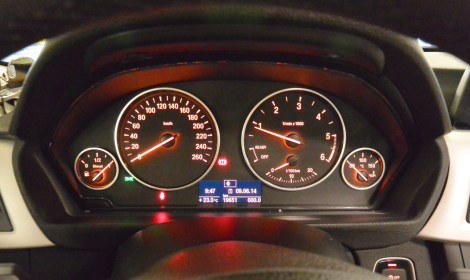 Instrument cluster in 3 Series BMW rented from Hertz, Spain.