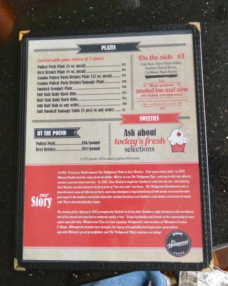 Hollywood Smokehouse, Aruba, menu.
