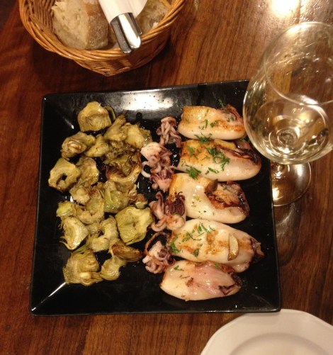 Chipirones with artichokes at Tempranillo, Madrid, Spain.