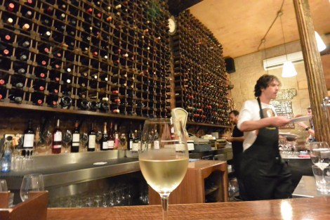 Wall of wine at Tempranillo, Cava Baja, Madrid, Spain.