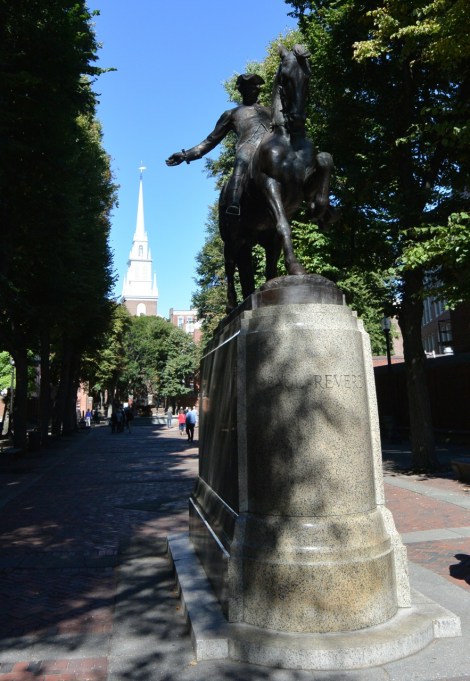 Paul Revere's statue with the Old North Church in the background.