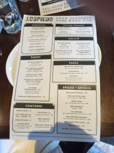 Menu at Lo Spiedo, Philadelphia.