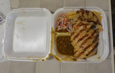 Grilled chicken platter take away from Shoco Snack, Aruba.